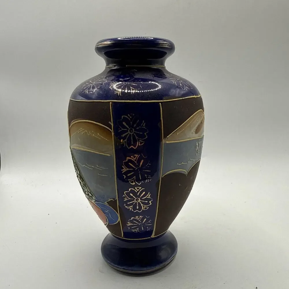 Vintage Japanese Satsuma Style 6” Cobalt Blue Hand Painted Moriage Vase *